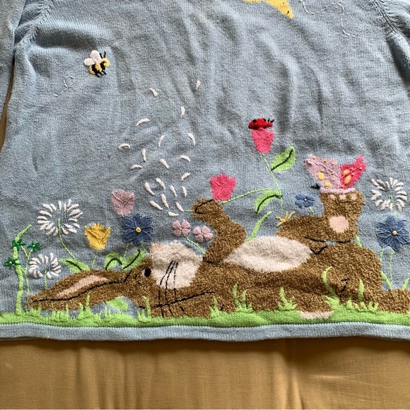 Vintage Quacker Factory Women’s 2X Light Blue Knit Sweater Bunny Rabbit Flowers - Picture 6 of 16